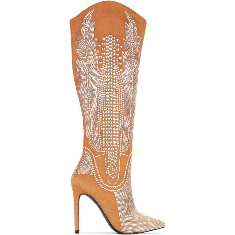 ⚡Women's Tan Western Cowgirl Boots Knee High With Stiletto Heels Fashion - Picture 3 of 7